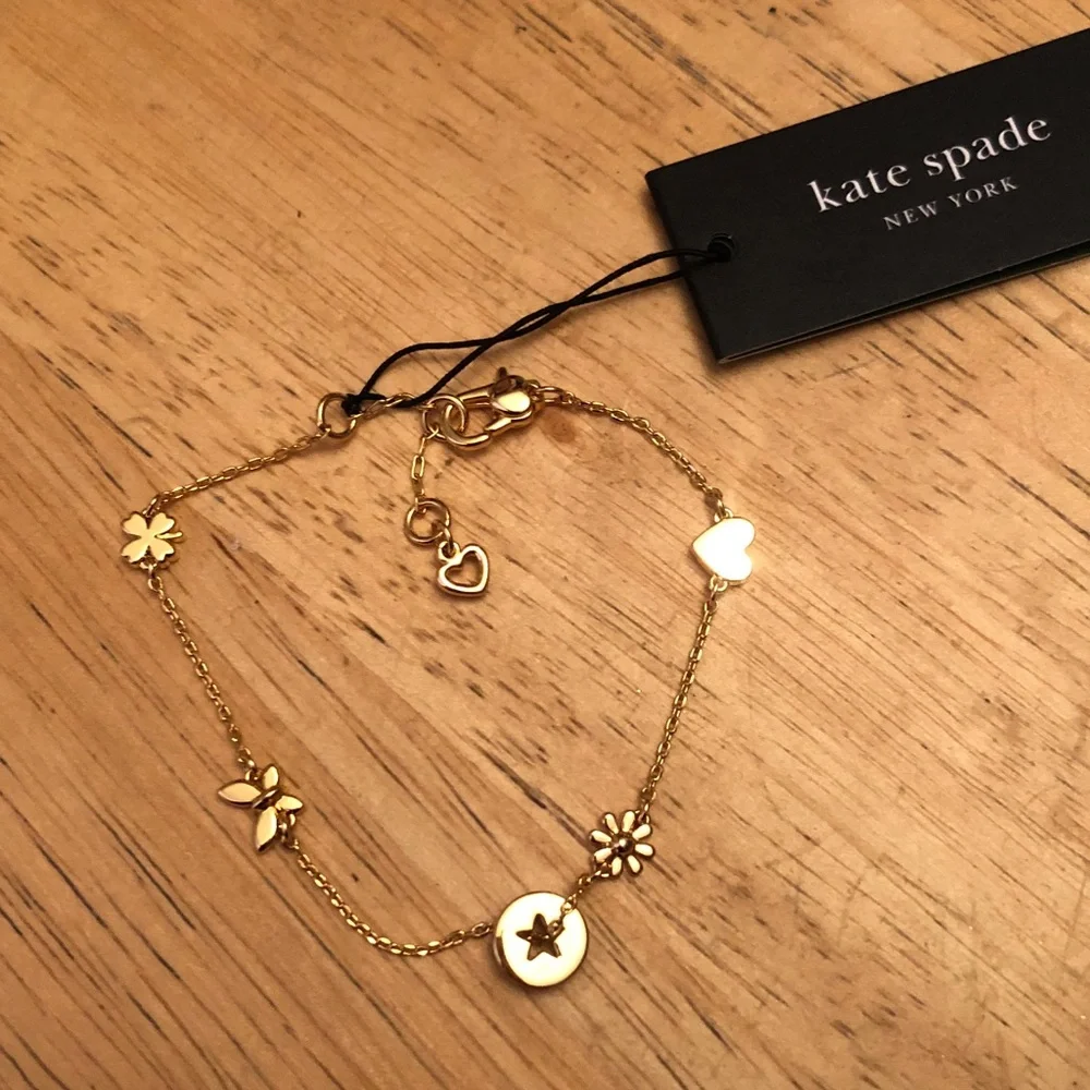 Kate Spade Gold Tone Rainbow Joy Charm Bracelet Heart, Flower, Clover NWT - Picture 12 of 12